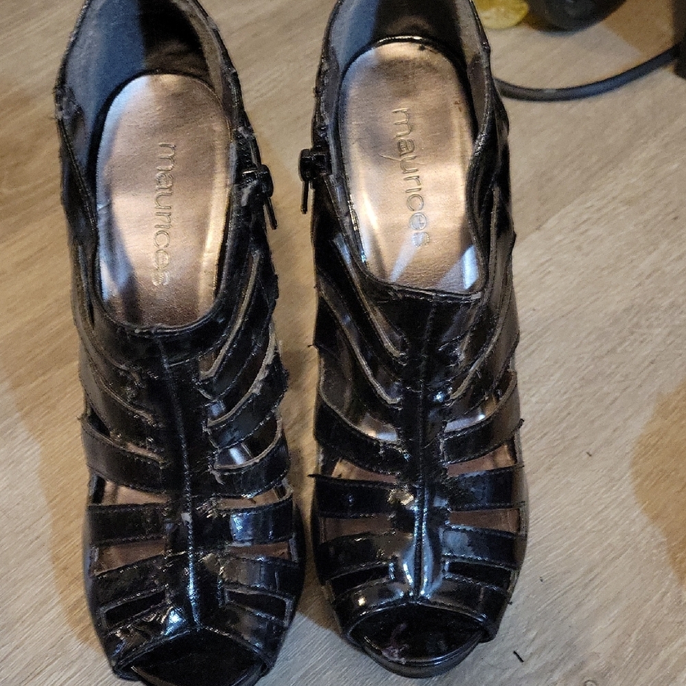 Maurices Black Patent Leather Heels with Strappy Design